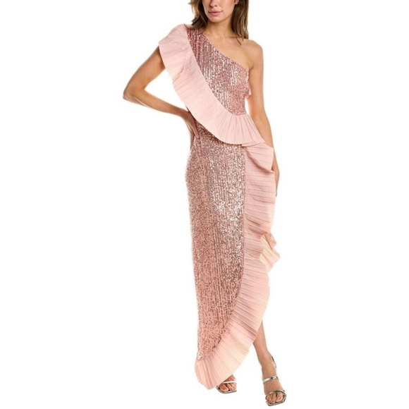 ONE33 Social - One Shoulder Pleated Taffeta Sequin Gown in Blush - Picture 1 of 5